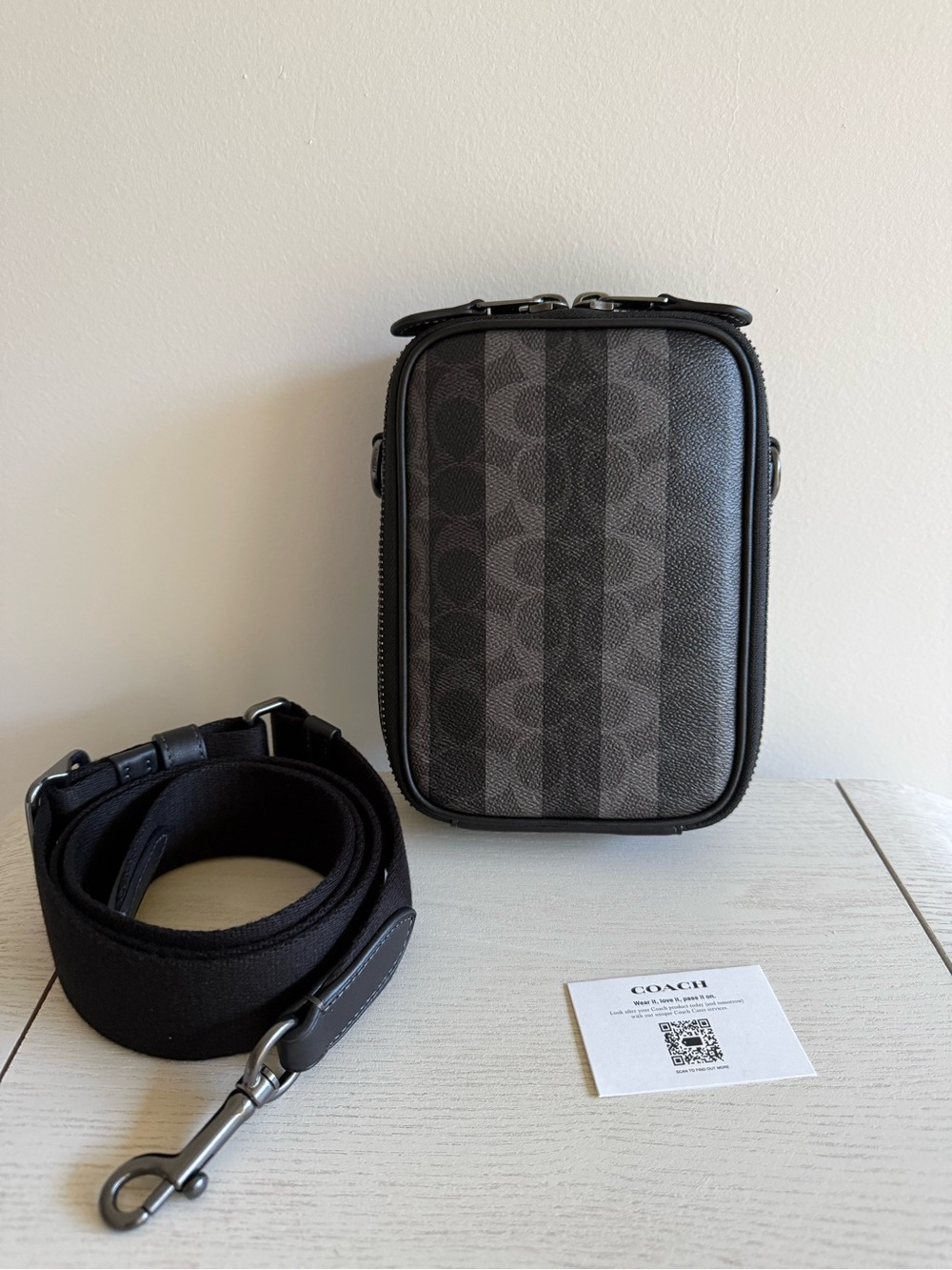 Coach Stanton Crossbody Bag Signature Canvas Stripes Black Grey CEB29